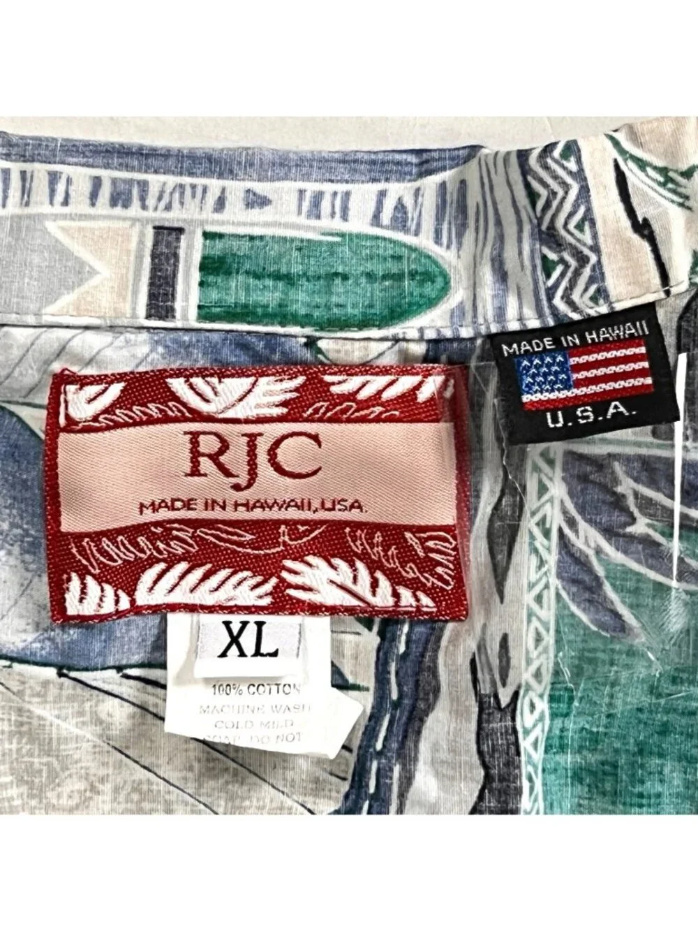 RJC Tapa Fish Canoe Ocean Mens Hawaiian Shirt size XL 49x31 Cotton USA Made